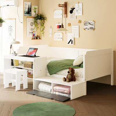 Multi-Functional White Wooden Daybed With Vast Storage Aspects Of Shelves And Lockers, Twin Size Bed Desk Stool Plentiful Study