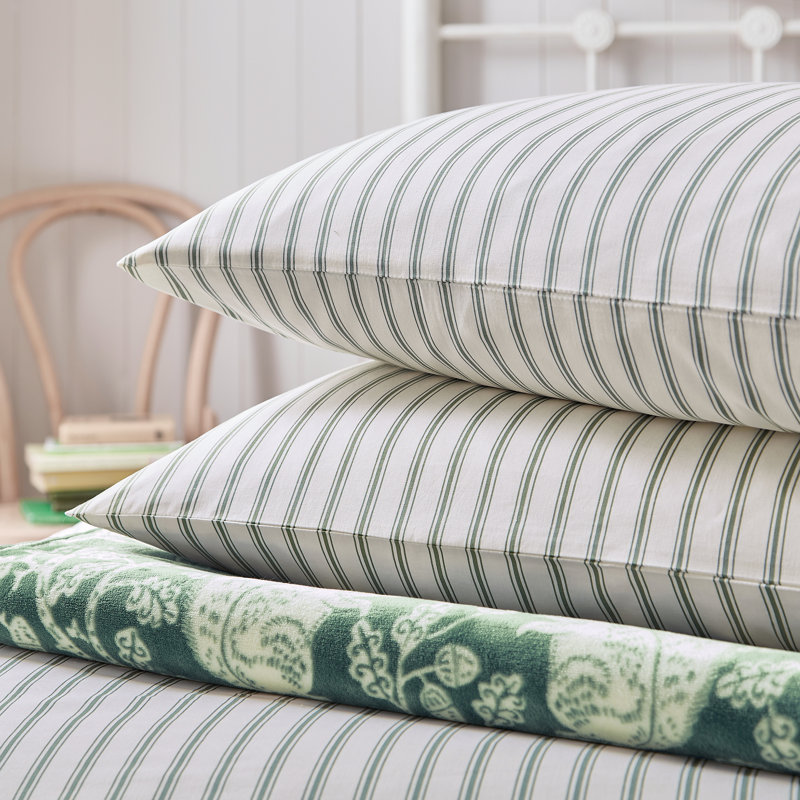 Ticking Stripe Cotton Duvet Cover Set, Green, Super King Duvet Cover Set + 2 Pillowcases