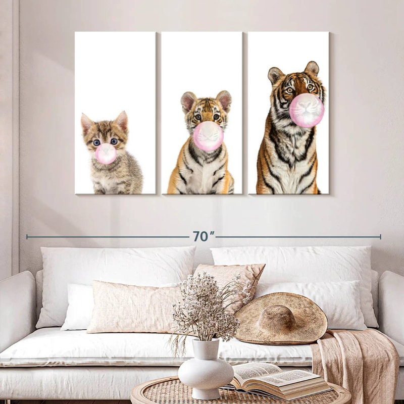 Ensemble de 3 tigres sur toile Bubble Gum, H 32 po x l 50 po x P 1,25 po