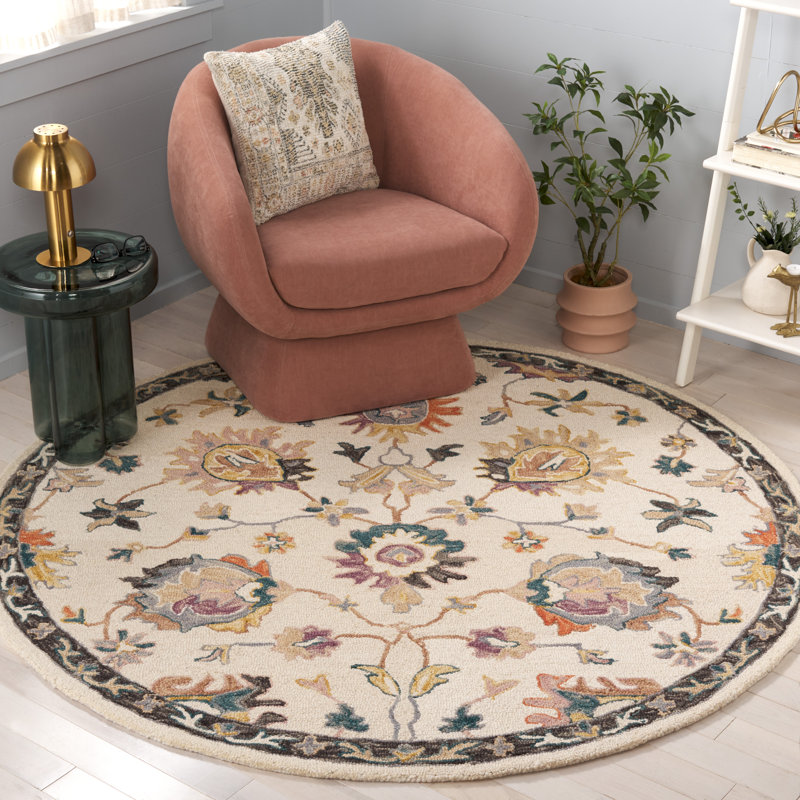 Tapis floral beige / lavande touffeté en laine / coton Darricka, Rond 6 pi