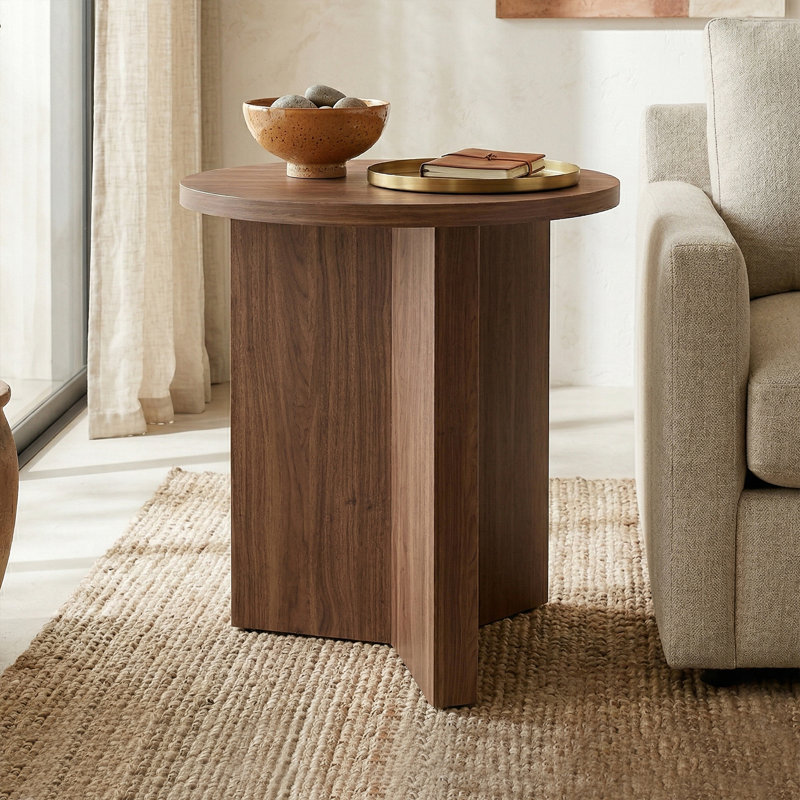 Potbelly 20" Round Side Table with Cross Base in Satin Walnut | Mid-Century Modern Accent Table for Living Room or Bedroom