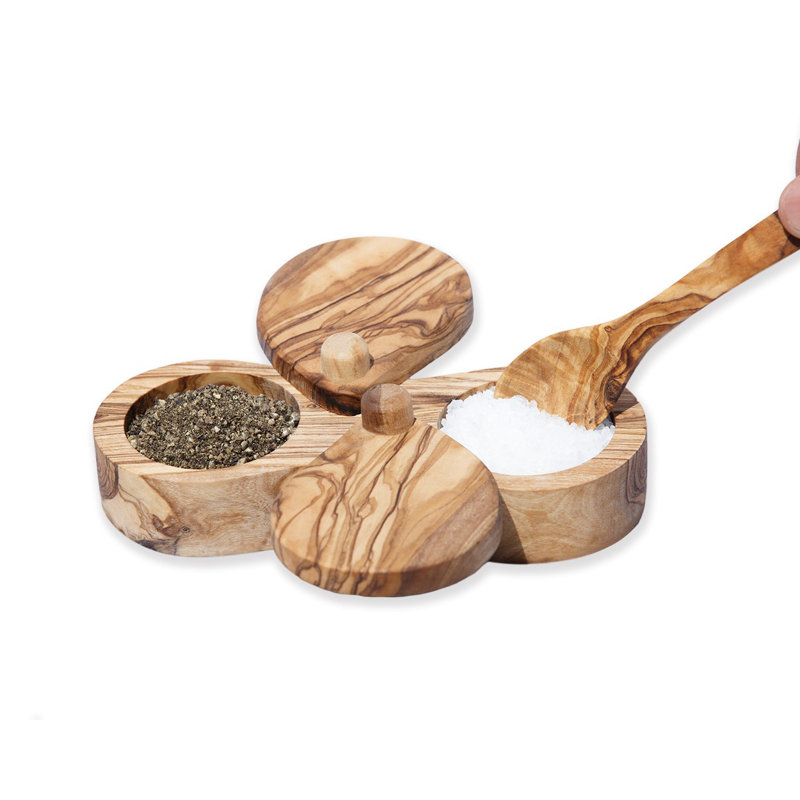 Kitchenware Olive Wood Salt and Pepper Cellar – 2-in-1 Handmade Mediterranean Spice Box with Swivel Lids