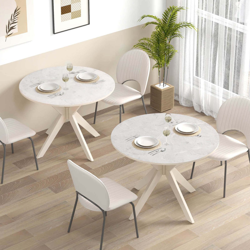 Anisty Round Faux Marble Top with Solid Wood Base Dining Table, White