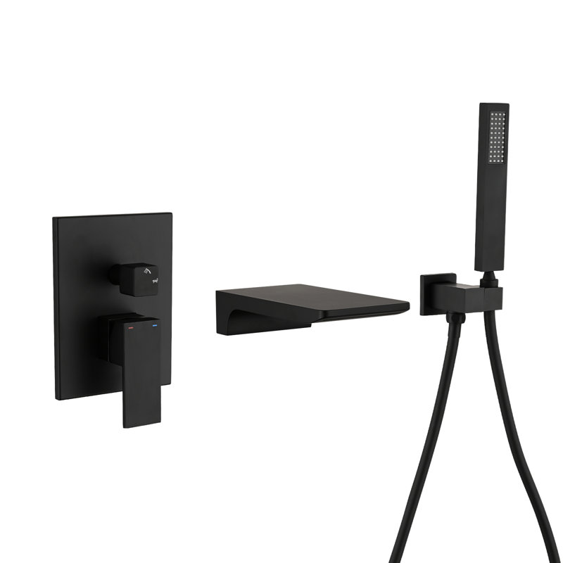 Robinet de baignoire mural moderne noir mat pour salle de bain, douche à main pour le nettoyage du poteau, robinet de baignoire à cascade avec douche, bec plat, robinet à poignée équilibrée