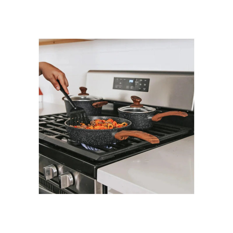 8 - Piece Non-Stick Aluminum Cookware Set, Matte Black/Brown