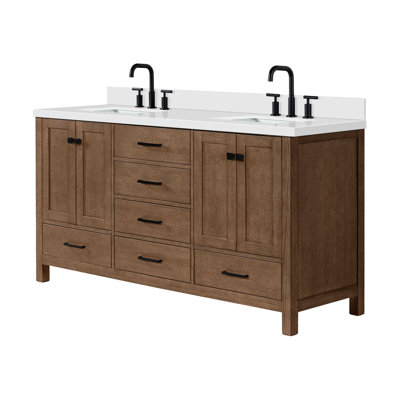 Cambridge 67'' Solid Wood Double Bathroom Vanity in Brown Oak, with 1.5'' Pure White Quartz Top, Center, Rectangle Sink