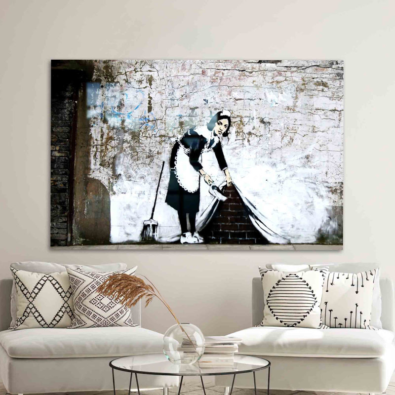 Art mural en verre trempé avec graffiti de Banksy pour une décoration contemporaine, H 27,6 po x l 43,3 po