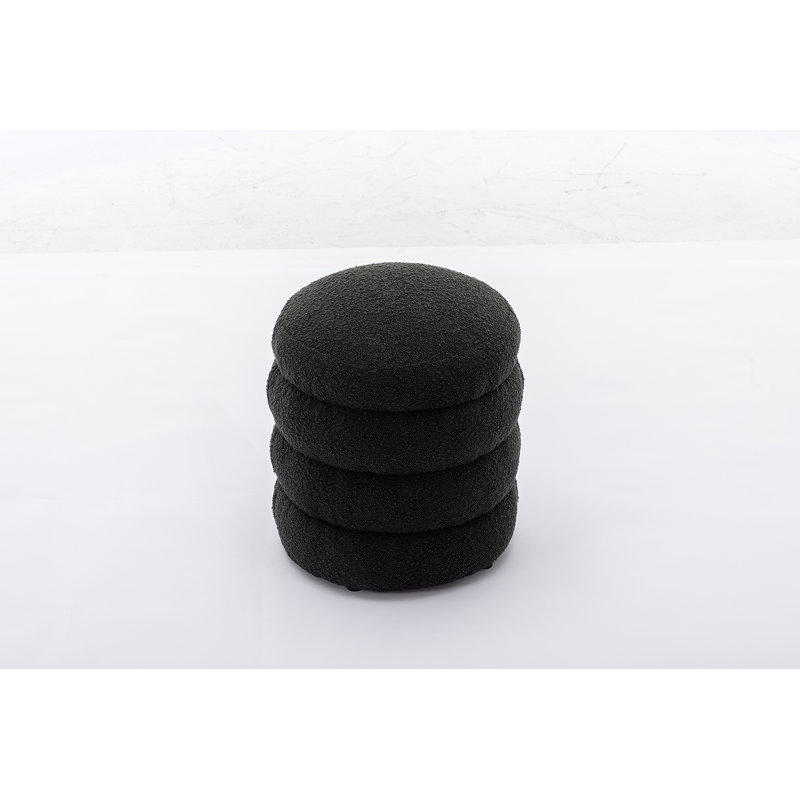 Round Upholstered Boucle Ottoman, Boucle, Black