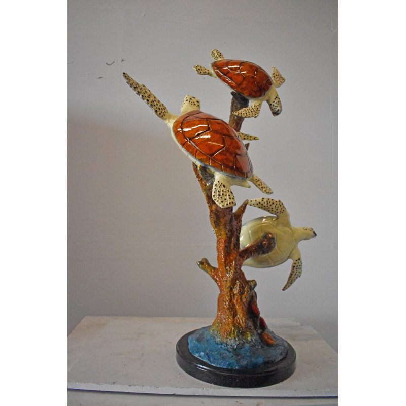 Nifao Three Turtles Bronze Statue on Marble Base – Lost Wax Ocean-Inspired Sculpture with Patina Finish - 32" L x 32" W x 41" H