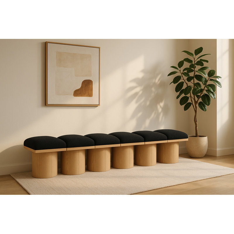 Banc rembourré Horatia, Tissu bouclé noir, Naturel, H 17,5 po x l 93 po x P 18 po