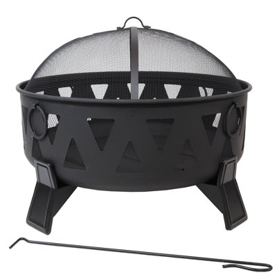 34" Round Wood-Burning Fire Pit Black Finish Steel Fire Pit with Stripe Cutouts