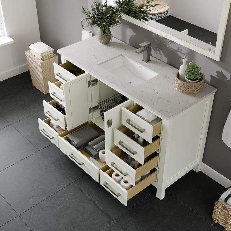 White Solid Wood Bathroom Vanity with Carrara Quartz Countertop