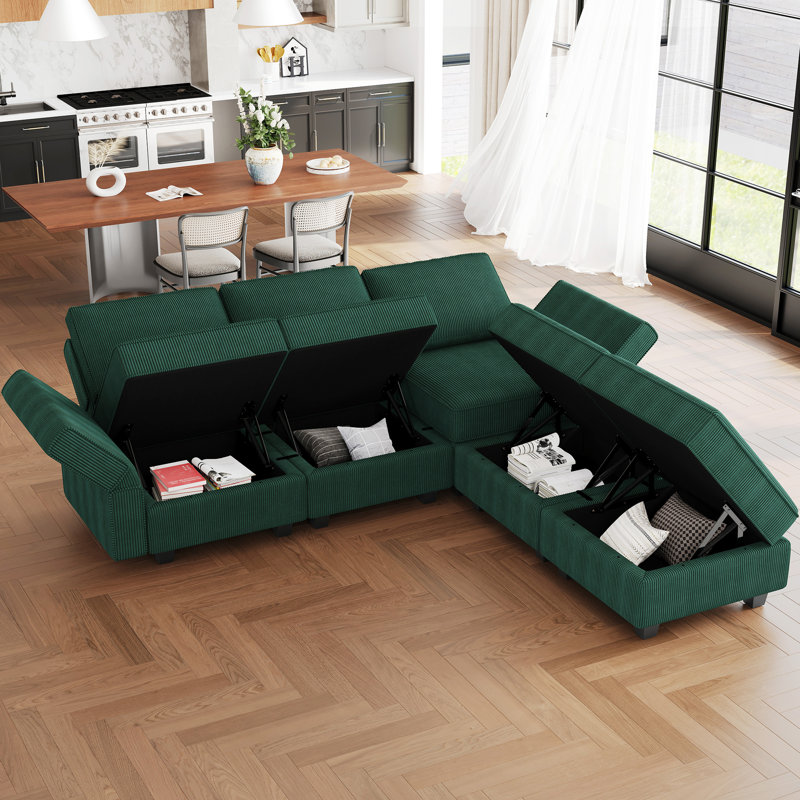 Alyciana U-Shaped Upholstered Sectional Couch Apartment Modular Sofa with Storage Ottoman, Green Corduroy