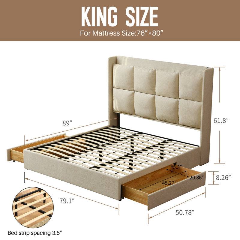 Upholstered Wingback Platform Bed with 2 Under-Bed Storage Drawers, High Grid-Tufted Headboard, No Box Spring Required, Easy Assembly, Modern Bedroom Furniture