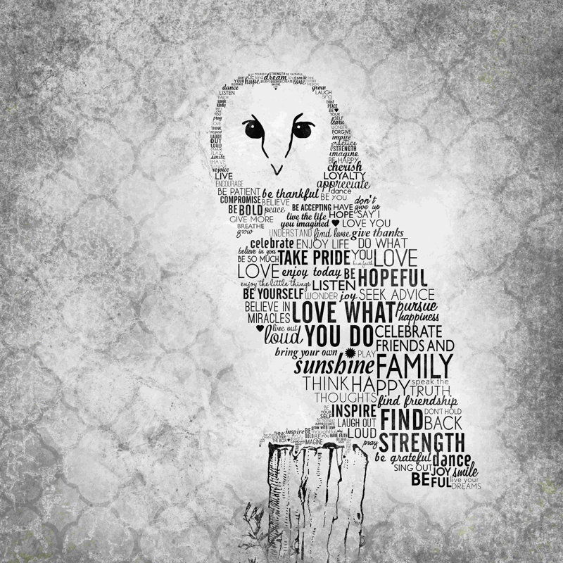 Typographie, hibou - art textuel sur toile tendue, H 12 po x l 12 po