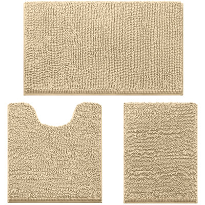  Ensemble de tapis de salle de bain en chenille ultra doux et antidérapant 3 pièces (beige, 17 po x 24 po + 20 po x 32 po + forme en U 20 po x 24 po)