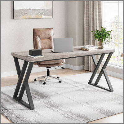 Modern Writing Desk with Z-Shaped Metal Legs, Heavy Duty Computer Desk for Home Office or Study, Rustic Grey Wood Desktop, Spacious Work Surface & Stu