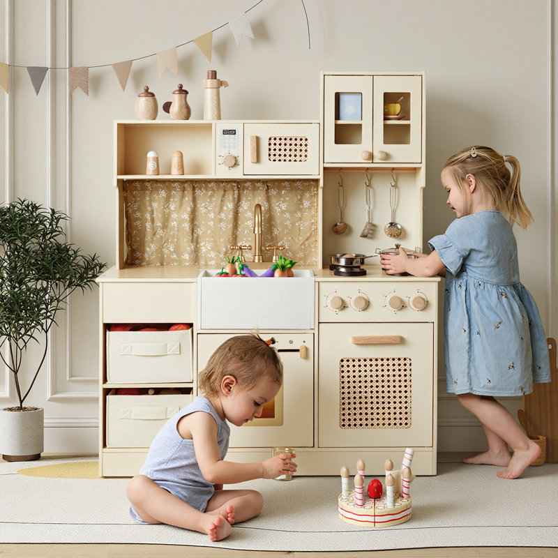 Kids Wooden Play Kitchen Set With Stove Sink And Ice Maker, Pretend Cooking Kitchen With Storage Bins And Accessories For Toddlers And Children