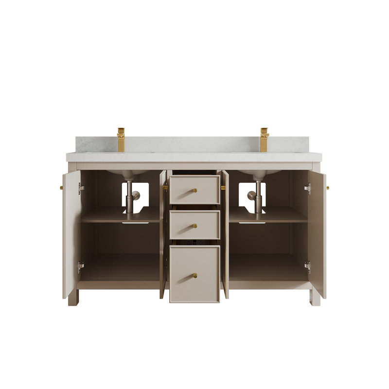 Meuble-lavabo double 60 po avec plateau Chicago, Quartz de Carrare