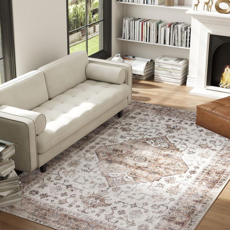 4x6 Area Rug, Vintage Machine Washable Rug, Non-Slip Floor Carpet for Living Room, Bedroom, Dining Room, Home Office, Tan