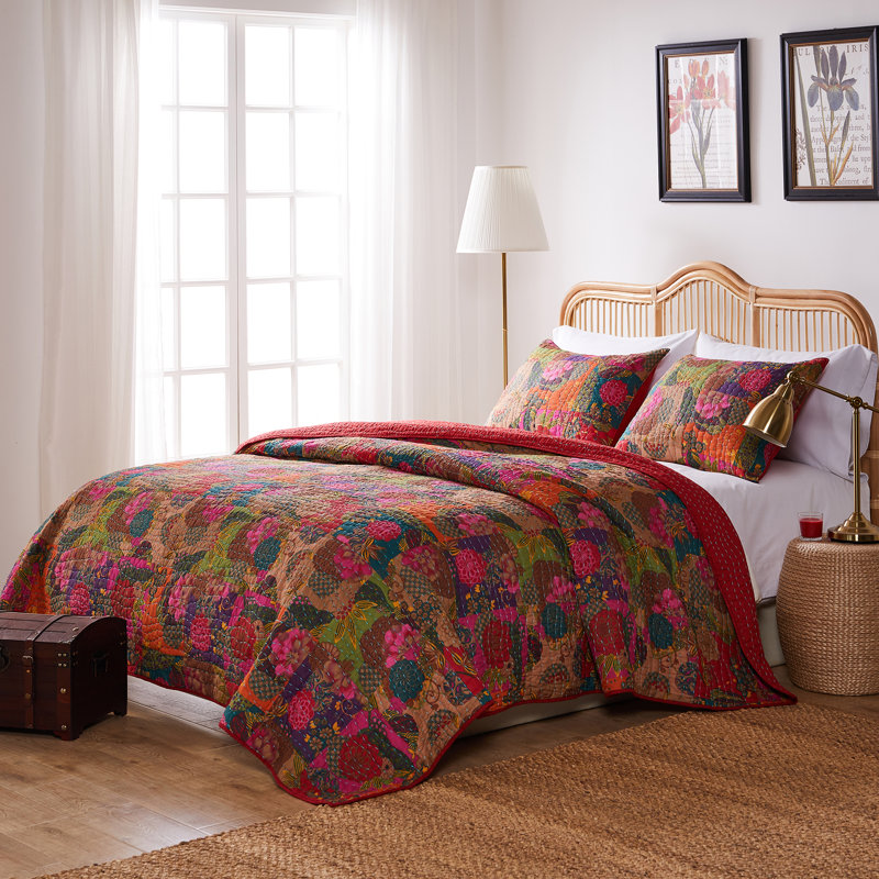 Jewel-Toned Floral Kantha Quilted Twin-XL Bedding Set