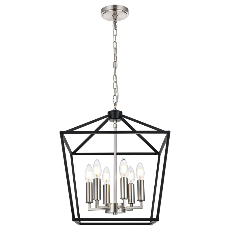 Luminaire suspendu de style lanterne à 6 lumières Hirra, Noir / Nickel brossé