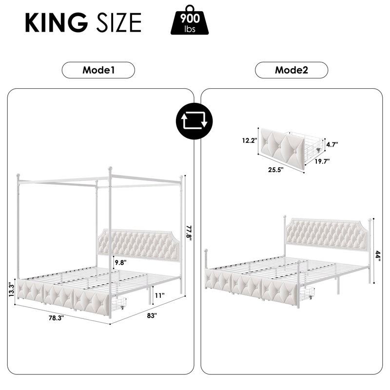 Artevious Upholstered Metal Canopy Storage Bed, King, Off White
