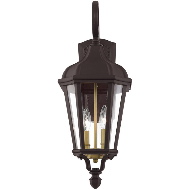 9 Inch 2 Light Outdoor Wall Lantern with Clear Glass Shade, Bronze/Satin Brass