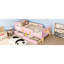 Lit simple rose avec rangement, conception en bois massif, garde-corps, crochets et tablettes, garde-corps