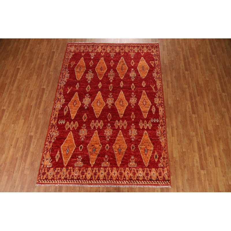 Tapis rouge en laine noué à la main de conception unique 6 pi 10 po x 9 pi 11 po New Age