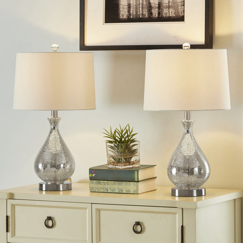  Belmonte 23" Modern Clear Water Glass Table Lamp with White Linen Shade and Polished Nickel Base, Nickel