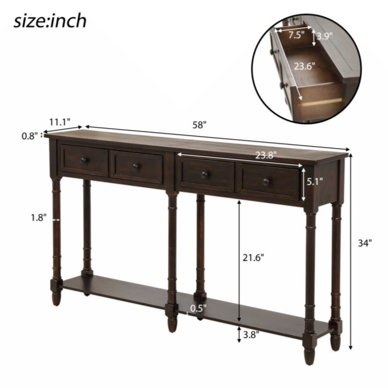 Park Slope 58" Console Table, Sofa Table with Spacious Drawers and Bottom Shelf, Espresso