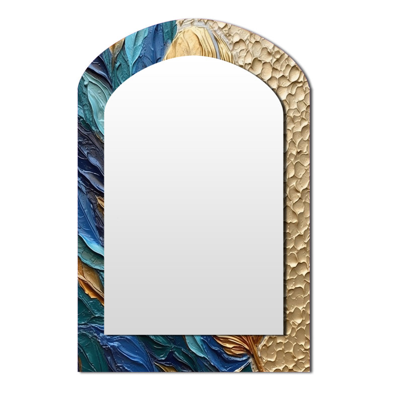 Boho Glam Exquisite Gold On Blue Feather PaintingV - Feathers Arch Decorative Wall Mirror, Modern Asymmetrical Mirror, Printed Metal Art