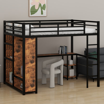 Structure de lit mezzanine en métal avec garde-robe intégrée, bureau et tablettes de rangement