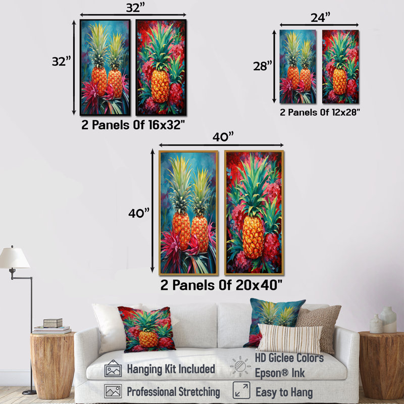 «Tropical Pineapple Oasis», ensemble de 2 reproductions d'art mural ananas, H 32 po x l 33 po, Cadre noir
