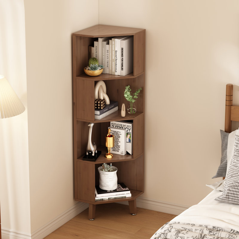 Bibliothèque d'angle autoportante de 149 cm de hauteur, tablette en bambou, meuble de rangement
