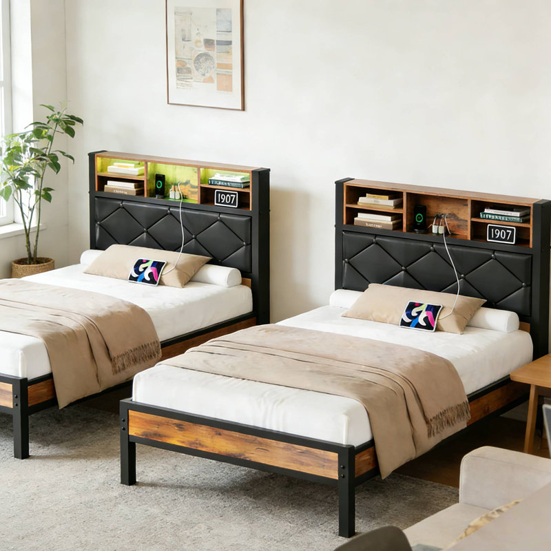 Twin Size Bed Set of 2 with LED Lights Storage Upholstered Headboard and USB Charging Station