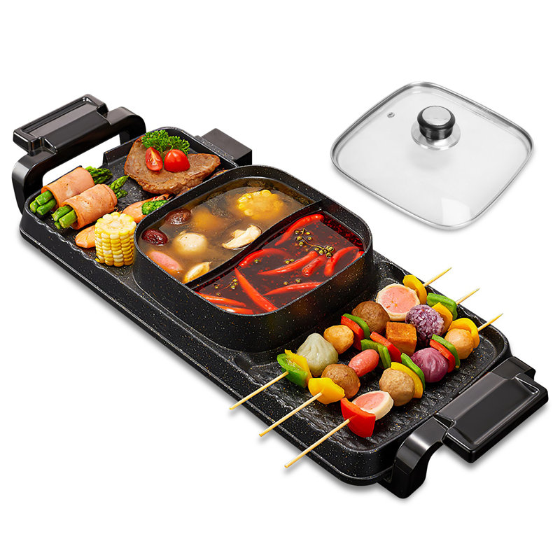 2-in-1 Electric Grill with Hot Pot 2800W Non-Stick Smokeless with 5 Heat Levels for 3-10 People Indoor Outdoor Use