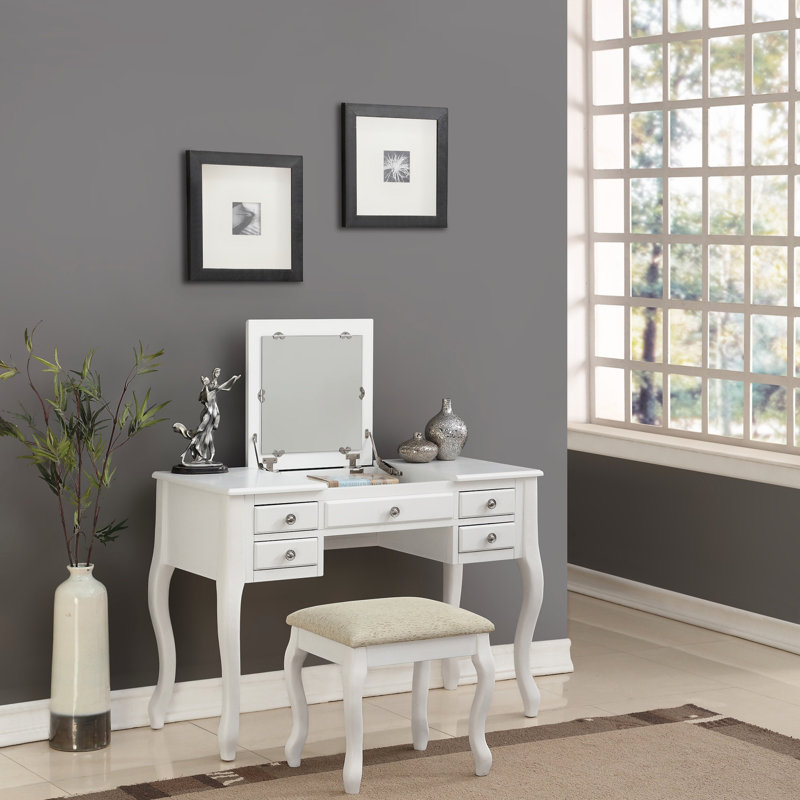 Classic Vanity Set W Stool Silver Color Drawers Open-Up Mirror Bedroom Furniture Unique Legs Cushion Seat Stool Vanity, White
