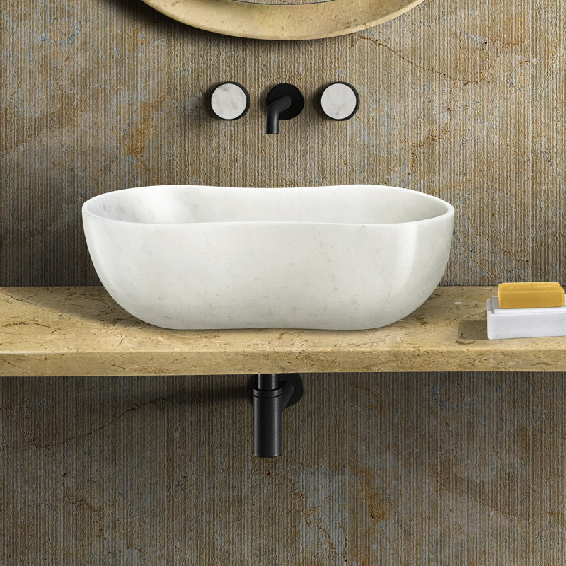 Lavabo de salle de bain luxueux en marbre blanc, 600 x 360 x H 180 mm, forme ondulée, résistant aux taches faites de 23,6 x 14,2 x H 7,1 pouces, silhouette