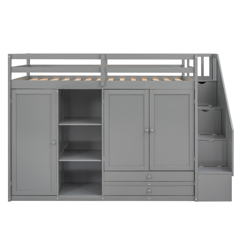 Lit mezzanine fonctionnel avec 3 tablettes, Gris