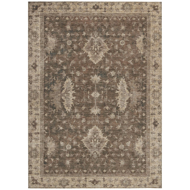 Tapis d'intérieur lavable à motif floral brun et beige 3 pi x 5 pi