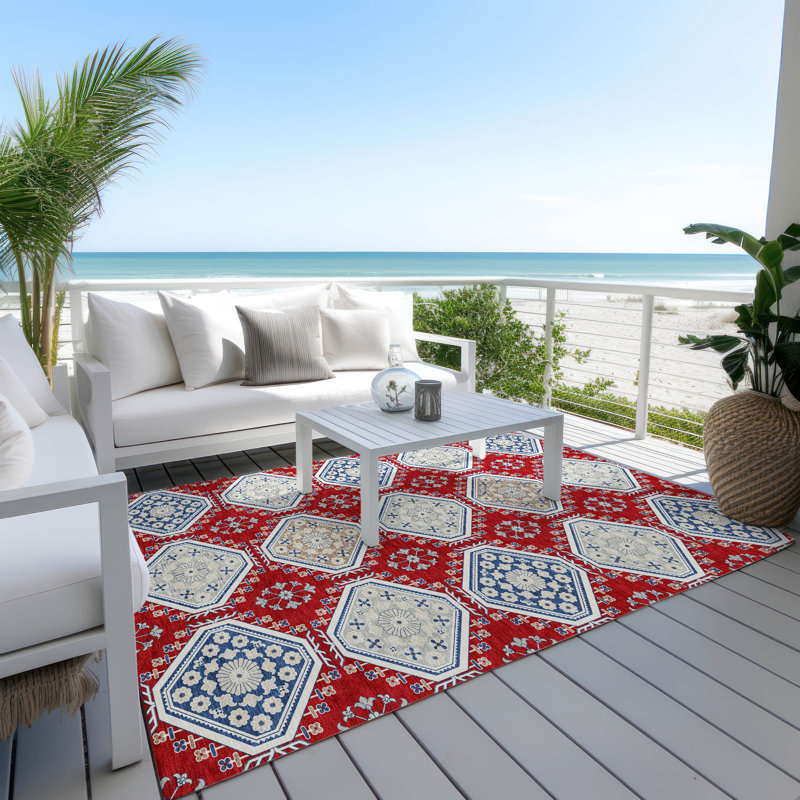 Red and Blue Synthetic Washable Rectangular Rug
