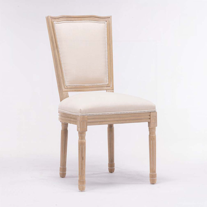 French Style Solid Wood Frame Linen Fabric Square  Back Dining Chair,Set Of 2