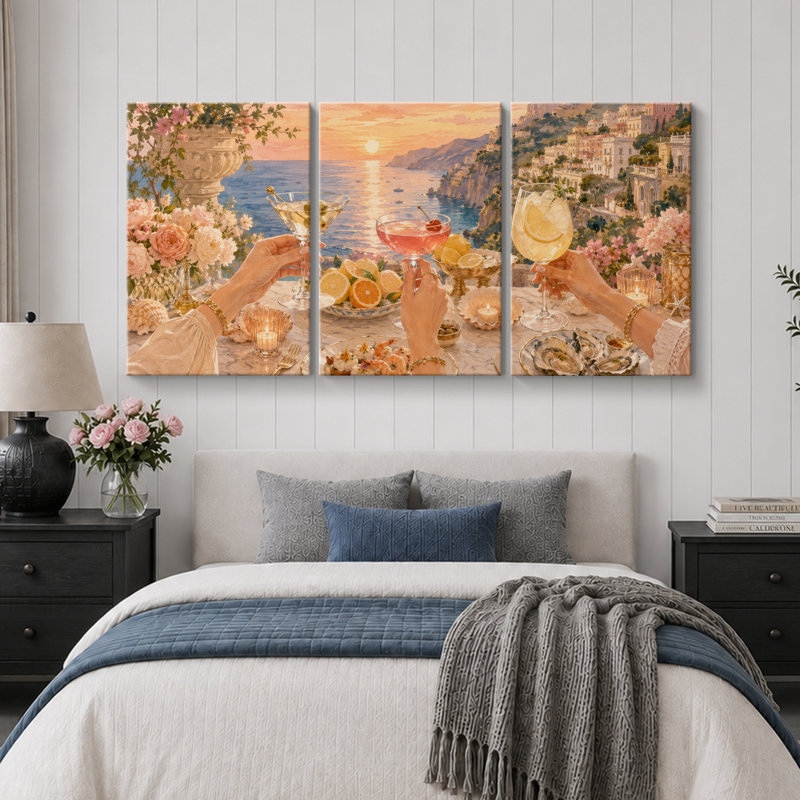 «Sunset Coastal Cocktail Terrace», images de salle à manger, impression sur toile encadrée, 3 pièces, Toile tendue