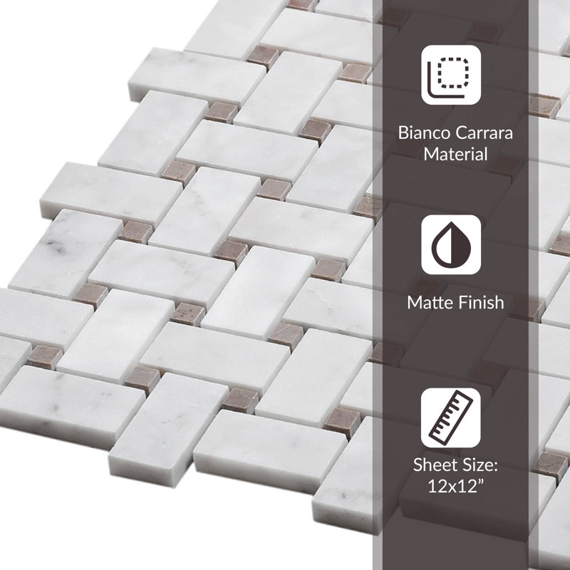 12" x 12" Natural Stone Basketweave Mosaic Wall & Floor Tile, White Beige
