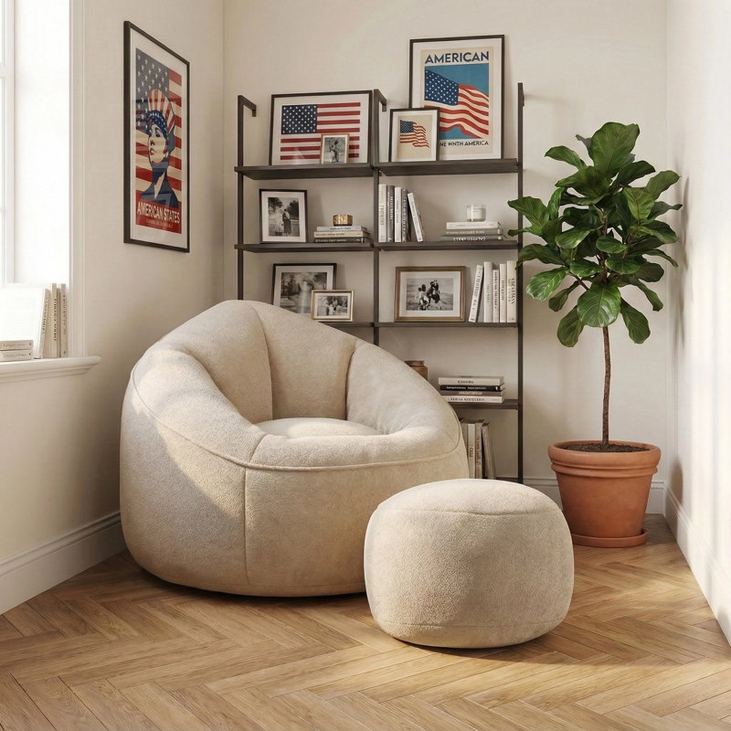 Oversized Round Bean Bag Chair with Ottoman, Memory Foam Lounge Chair for Living Room Bedroom, Beige