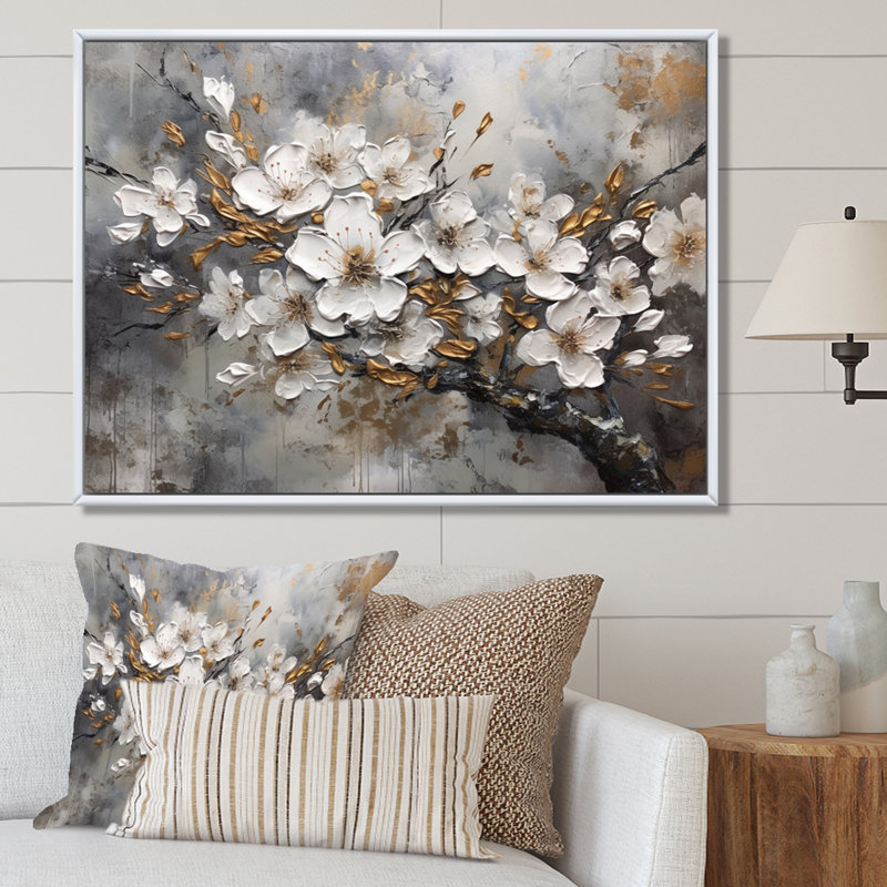 Harmonie I de cerisier blanc et gris - art mural floral pour le salon, H 16 po x l 32 po x P 1 po, Cadre flottant blanc