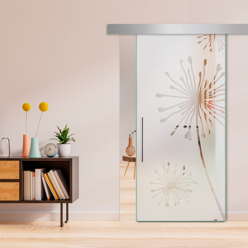 Porte de grange coulissante en verre sans cadre avec design moderne sablé et quincaillerie (semi-privée), 26 po x 84 po