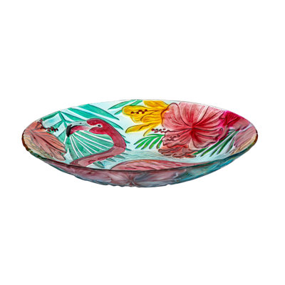 18" Glass Bird Bath, Floral Flamingo